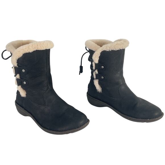 Ugg Akadia Black Leather Shearling-Lined Boots Women's Size 11 Preowned - Picture 1 of 7